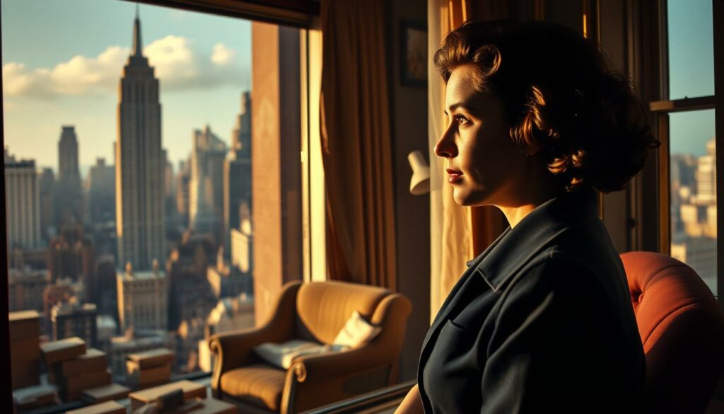 A vibrant cityscape of 1940s New York, bustling with life. In the foreground, a woman gazes wistfully out a window, lost in thought. Shadows from the skyscrapers outside cast an air of contemplation. Behind her, a cluttered room filled with half-unpacked boxes and a worn, well-loved armchair - the remnants of a life left behind. Warm, golden light filters through the window, illuminating the woman's pensive expression as she begins to build a new existence in this unfamiliar metropolis. The scene evokes a sense of resilience, adaptation, and the bittersweet experience of forging a fresh start amidst the challenges of exile.