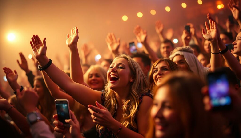 A vibrant crowd of Beatrice Egli fans enthusiastically expressing their admiration, their faces alight with joy and adoration. Amidst a flurry of camera flashes, the fans raise their hands in exuberant applause, their expressions conveying a sense of euphoric celebration. The scene is bathed in a warm, soft lighting that highlights the genuine excitement and camaraderie of the moment. The fans, positioned in the foreground, are framed by a blurred, out-of-focus background, creating a sense of depth and emphasis on their emotional reactions. An atmospheric, dreamlike quality pervades the image, capturing the fervent devotion and unbridled enthusiasm of Beatrice Egli's devoted fan base.