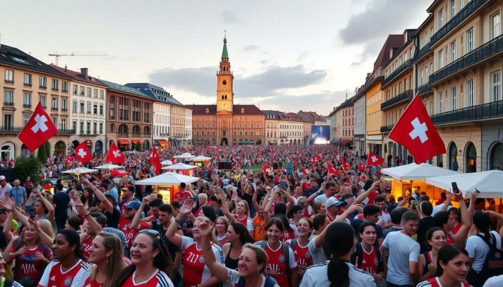 A vibrant crowd of enthusiastic soccer fans fills the streets of Basel, Switzerland, ahead of the 2025 Women's European Championship final. In the foreground, a group of spirited supporters wave flags, chant songs, and celebrate the anticipated victory of their national team. The middle ground features a bustling outdoor fan zone, with lively music, food vendors, and interactive activities engaging the diverse crowd. In the background, the historic architecture of Basel's city center provides a picturesque backdrop, illuminated by the warm glow of the setting sun. An atmosphere of joy, unity, and national pride permeates the scene, capturing the electric energy of this major international soccer event.