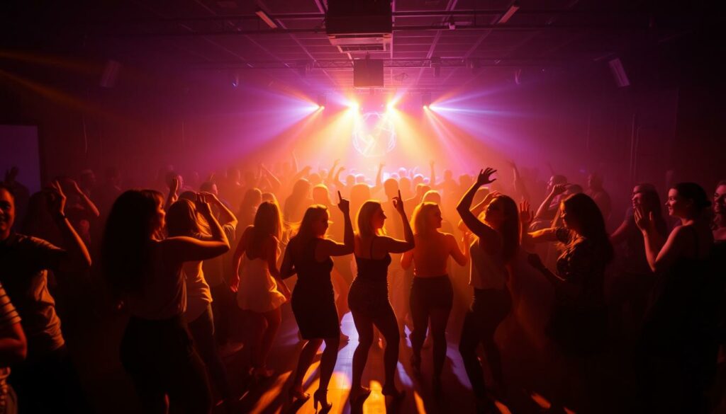 A vibrant, energetic dance scene in a dimly lit nightclub. In the foreground, a group of people dance passionately, their bodies moving in a captivating rhythm, illuminated by a warm, golden spotlight. In the middle ground, the dance floor is crowded with more dancers, their silhouettes blending together in a seamless display of movement. The background is shrouded in a hazy, atmospheric lighting, creating a sense of depth and mystery. The overall mood is one of pure joy and liberation, capturing the essence of a lively, music-driven celebration.