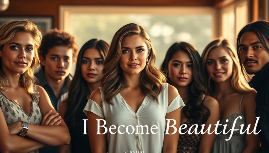 A vibrant ensemble cast portrait of the main characters from the 3rd season of "The Summer I Became Beautiful" series. Subjects are positioned in a stylish, cinematic arrangement, with warm natural lighting illuminating their faces and drawing focus to their expressions. The background is blurred yet evocative, hinting at the show's setting and mood. The overall composition conveys a sense of camaraderie, anticipation, and the close interpersonal dynamics at the heart of the story. High-resolution, photorealistic rendering with a sophisticated, editorial magazine-style aesthetic.