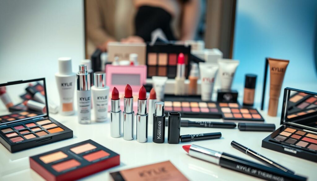 A vibrant, glossy closeup of Kylie Jenner's Kylie Cosmetics makeup line, featuring a diverse array of high-quality, luxury cosmetic products. The products are beautifully arranged on a sleek, white background, with strategic lighting highlighting their rich colors and textures. The foreground showcases Kylie's best-selling lipsticks, eyeshadow palettes, and highlighters, while the middle ground displays her skincare range and popular limited-edition collections. The background is subtly blurred, creating a sense of depth and focus on the star products. The overall mood is sophisticated, polished, and reflective of Kylie's meteoric rise to success in the beauty industry.