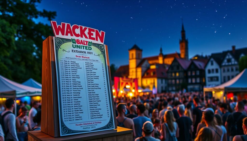 A vibrant, outdoor festival program set against the backdrop of a picturesque, German town. In the foreground, a stylized event schedule displayed on a wooden podium, illuminated by warm, golden lighting. In the middle ground, a crowd of excited festival-goers gathered around, their colorful attire and expressions conveying the celebratory atmosphere. In the distance, the silhouettes of historic buildings and a starry night sky, creating a charming, old-world ambiance. The overall scene exudes a sense of anticipation and community, perfectly capturing the spirit of the "Wacken United: Das Programm am Montag" event.