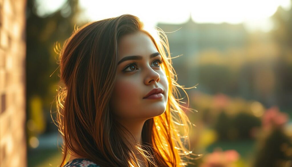 A vibrant portrait of Selena Gomez contemplating her future, bathed in a warm, golden light. She stands in a tranquil garden, her gaze both pensive and hopeful, her expression radiating a sense of purpose and determination. The background is blurred, drawing the viewer's focus to her face, which is illuminated from the side, casting intricate shadows that accentuate her features. The overall atmosphere is one of introspection and optimism, hinting at the boundless possibilities that lie ahead for this multi-talented artist and philanthropist.
