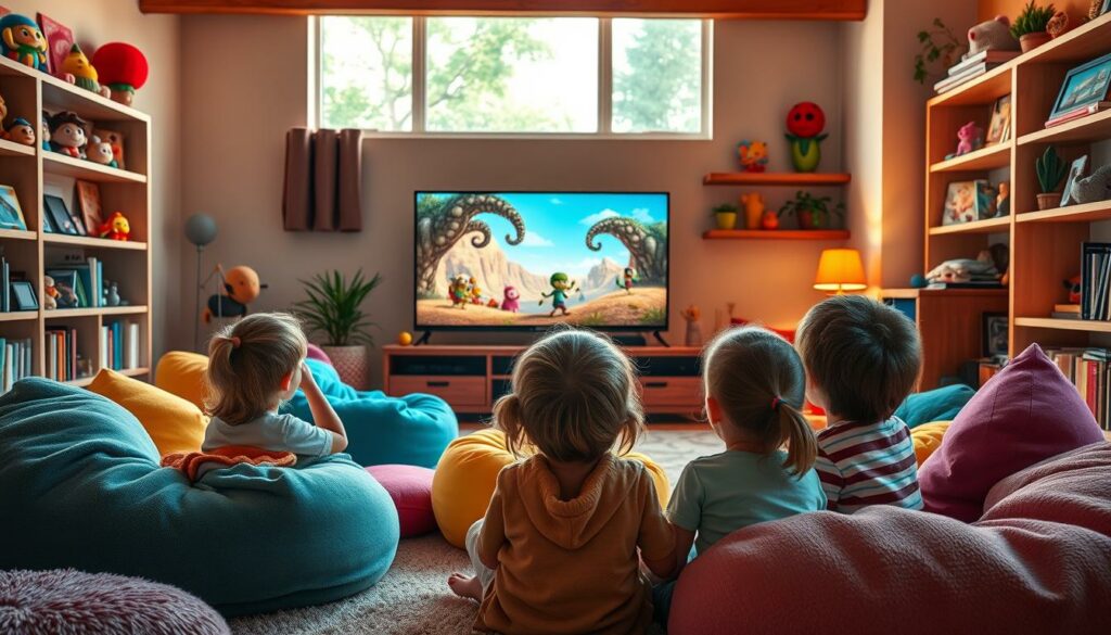 A vibrant, whimsical scene of a cozy living room, with a large flatscreen TV prominently displayed. Plush, colorful beanbags and comfy throw pillows are scattered around, inviting children to lounge and enjoy the latest Netflix offerings. Shelves lining the walls are filled with beloved children's characters and storybook-inspired decor. Soft, warm lighting creates a cozy, inviting atmosphere, while a large window in the background allows natural light to filter in, illuminating the space. In the foreground, a group of young children, their faces filled with wonder and excitement, are eagerly watching the screen, captivated by the animated adventure unfolding before them.