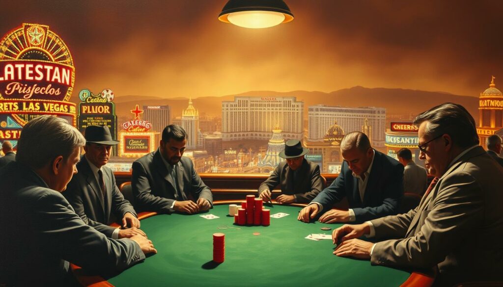 A vintage-style oil painting depicting the historical development of poker in Las Vegas. In the foreground, a high-stakes poker game is in progress, with well-dressed players gathered around a green baize table, their faces obscured by shadows. The middle ground showcases the neon-lit casinos and hotels of old Las Vegas, evoking the glamour and excitement of the era. In the background, a hazy, sepia-toned cityscape rises, dotted with iconic landmarks like the Caesars Palace and the Flamingo. The lighting is warm and dramatic, casting a nostalgic glow over the scene, capturing the essence of the city's rich poker heritage.