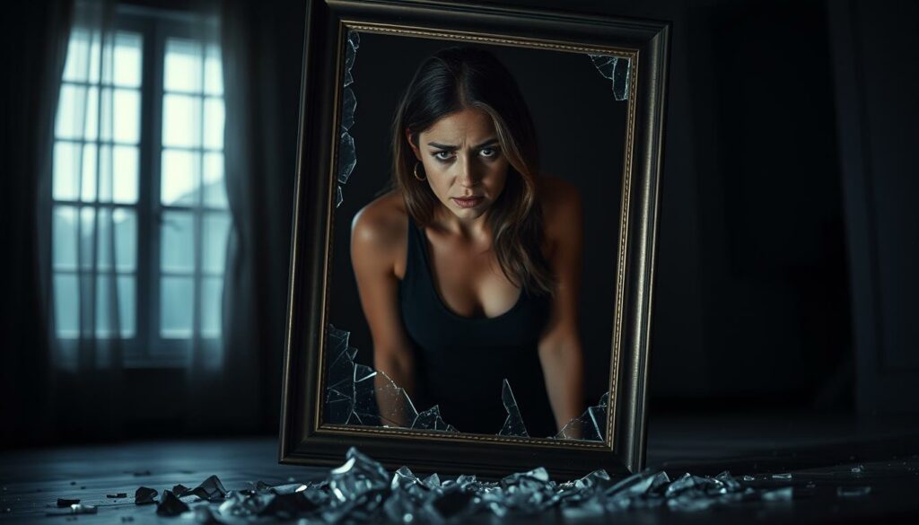 A visibly distraught Paulina, her face etched with anguish, stands alone in a dimly lit room. Shards of a shattered glass frame litter the floor around her feet, symbolizing the breakdown of her relationship. The muted color palette and dramatic chiaroscuro lighting evoke a melancholic, introspective atmosphere, as Paulina reflects on the betrayal that has upended her life. In the background, a blurred, out-of-focus window hints at the uncertainty of her future, casting an emotional shadow over the scene. This image captures the raw emotion and personal turmoil that Paulina is experiencing in the aftermath of her broken engagement.