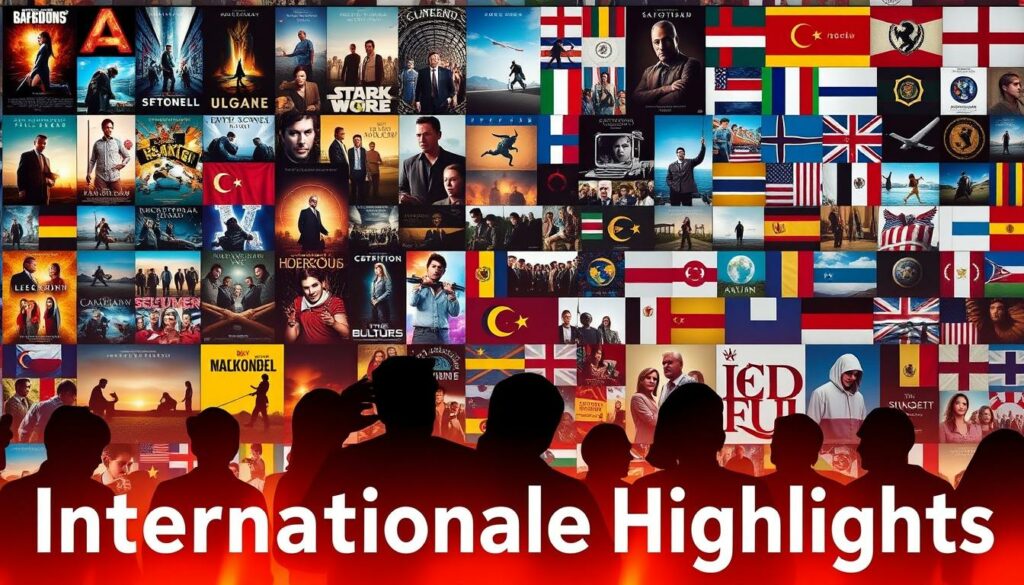 A visually striking collage showcasing a diverse array of international films and series. In the foreground, a vibrant mix of movie posters and TV show thumbnails, each one a tantalizing glimpse into a unique cultural perspective. The middle ground features stylized silhouettes of viewers, their gazes transfixed by the captivating content. In the background, a kaleidoscope of flags and national symbols, representing the global nature of the content. Warm, cinematic lighting imbues the scene with a sense of wonder and excitement, inviting the viewer to explore these "Internationale Highlights" and discover stories from around the world.