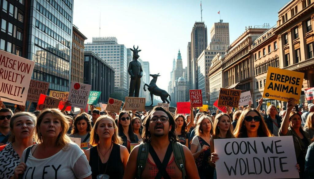 A vivid protest scene against animal cruelty, set in a bustling city square. In the foreground, a group of passionate activists wave colorful banners and chant slogans, their faces etched with determination. The middle ground features a striking sculpture, a powerful symbol of the movement, casting long shadows in the warm afternoon light. In the background, the cityscape rises, a blend of modern architecture and historic buildings, creating a sense of urgency and the need for change. The overall atmosphere is one of energy, purpose, and a strong commitment to animal welfare.