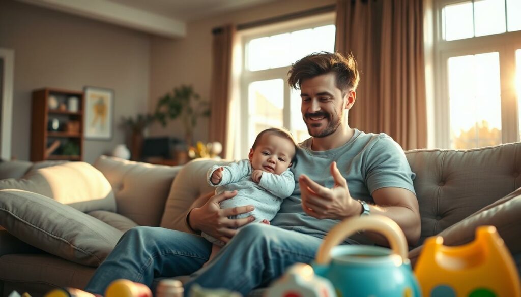 A warm and cozy family scene, bathed in soft, natural light. In the foreground, a young couple - a man and a woman - are sitting on a plush sofa, lovingly embracing their infant child. The woman's expression radiates pure joy, while the man's face shows a mix of contentment and slight exhaustion, reflecting the ups and downs of new parenthood. In the middle ground, toys and baby items are scattered, hinting at the everyday challenges of raising a child. The background features a well-appointed living room, with large windows letting in the golden glow of the afternoon sun, creating an atmosphere of domestic tranquility. The overall mood is one of intimacy, balance, and the bittersweet beauty of family life.