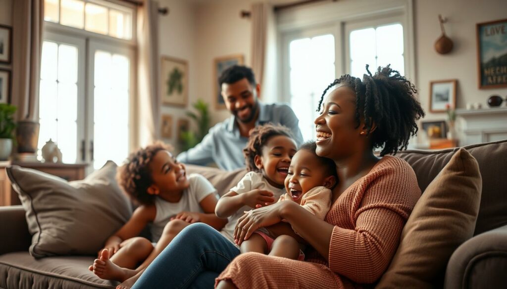 A warm and intimate family scene of Mekia Cox, a successful actress, surrounded by her loved ones. In the foreground, Mekia sits on a plush sofa, her expression radiating joy as she embraces her young children, their faces alight with laughter. Soft, natural lighting filters through large windows, casting a gentle glow over the cozy, well-appointed living room. In the middle ground, Mekia's partner, a supportive and attentive figure, stands nearby, their body language conveying a sense of deep connection and contentment. The background features tasteful decor and personal mementos, hinting at the family's cherished memories and milestones. The overall atmosphere is one of domestic bliss, showcasing Mekia's fulfilling personal life alongside her successful professional career.