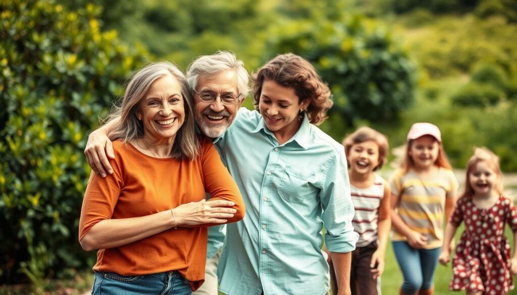 A warm and joyful patchwork family enjoying a day together outdoors. In the foreground, a loving couple - a woman and a man - stand side by side, their arms around each other as they smile brightly. Behind them, a group of children of varying ages play and interact happily, their laughter and carefree movements suggesting a tight-knit, harmonious dynamic. The scene is bathed in soft, natural lighting, creating a cozy, inviting atmosphere. The background features a lush, green landscape, perhaps a garden or park, adding to the sense of serenity and togetherness. The overall composition conveys a sense of familial bliss and contentment.