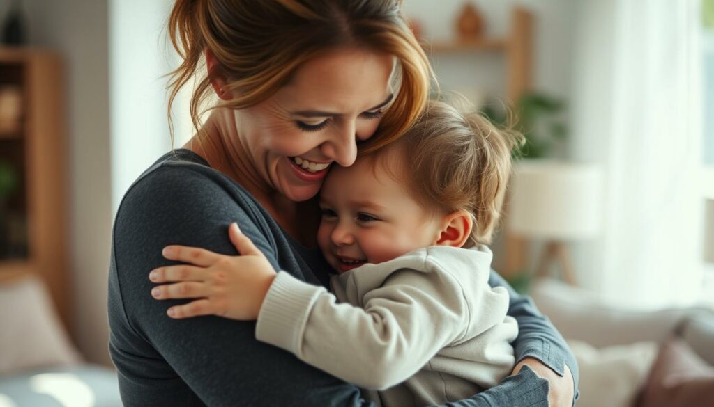 A warm and loving mother, Sarah Engels, tenderly embracing her child, their faces radiating joy and connection. The soft, natural lighting accentuates the intimacy of the moment, capturing the challenges and cherished memories of parenthood. In the background, a serene, blurred environment suggests the tranquility and sanctuary of their home. The composition draws the viewer's eye towards the central, heartwarming interaction, conveying the beauty and fulfillment of Sarah's role as a nurturing, dedicated mother.