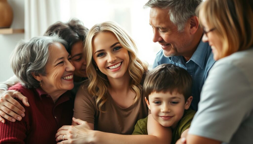 A warm, candid family portrait of Jennifer Lawrence surrounded by her loved ones. The scene is bathed in soft, natural lighting, captured with a wide-angle lens to create a sense of intimacy and togetherness. Jennifer is positioned in the center, smiling and engaged with her family members - her parents, siblings, and close relatives - who are gathered closely around her. The background is slightly blurred, keeping the focus on the close-knit family dynamic. The overall mood is relaxed, genuine, and radiates a sense of familial bonds and Jennifer's down-to-earth personality.
