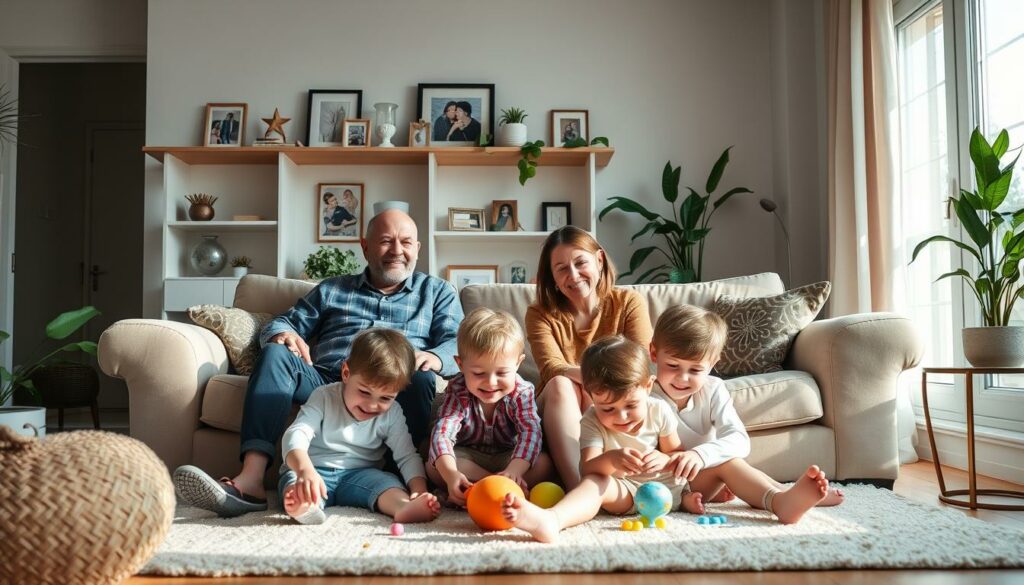 A warm, close-knit family scene of Leonard Freier, his wife, and their young children enjoying a cozy afternoon at home. The family is gathered in a well-lit, inviting living room, with soft natural lighting filtering through large windows. Leonard and his wife sit on a plush sofa, surrounded by their kids playing on the floor, their faces filled with joy and contentment. The room is tastefully decorated with family photos, plants, and subtle, homey accents, creating an atmosphere of domestic bliss. The overall mood is one of tranquility, love, and the simple pleasures of quality family time.