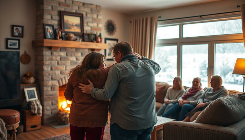 A warm, comforting living room scene with a family gathered around a cozy fireplace. In the foreground, a mother and father embrace their teenage daughter, Lisa, conveying empathy and support. Soft lighting from the crackling fire casts a gentle glow, creating an atmosphere of intimacy and care. Family photos and personal mementos adorn the walls, suggesting a strong bond. The middle ground features family members - siblings, grandparents - seated on plush furniture, offering words of encouragement and comfort. In the background, a large window overlooks a snowy, serene landscape, symbolizing the challenges ahead but also the strength of their unity. The overall mood is one of resilience, love, and unwavering familial support during a time of crisis.
