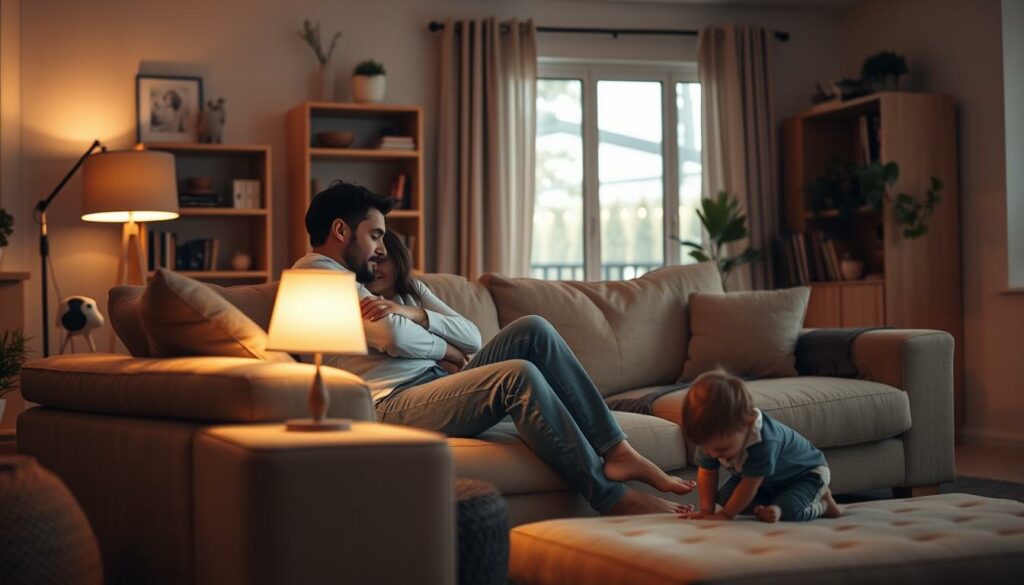 A warm, cozy family scene in a comfortable living room. In the foreground, a young couple, Wilson and Gonzalez, embrace on a plush sofa, lost in a tender moment. Soft lighting from a nearby lamp casts a gentle glow, creating an intimate, private atmosphere. In the middle ground, a child plays quietly on the floor, absorbed in their own world. The background features tasteful, minimalist decor - bookshelves, potted plants, and a large window offering a glimpse of a tranquil outdoor setting. The overall mood is one of contentment, love, and a sense of protected, guarded family life.