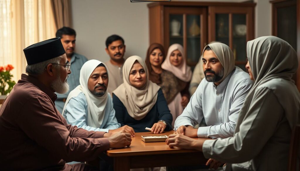 A warm, family-oriented scene of a traditional Muslim household gathered around a table, engaged in a serious discussion about a potential marriage match. In the foreground, a middle-aged couple sits across from a younger man and woman, all dressed in modest, conservative attire. The lighting is soft and diffused, creating a contemplative atmosphere. In the background, family members observe the proceedings, their expressions conveying a sense of involvement and investment in the decision-making process. The overall composition suggests the central role of the family in the partner selection process within this cultural context.
