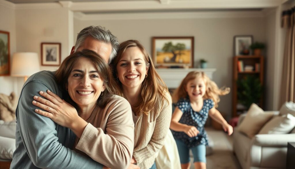 A warm, intimate family portrait of Annemarie Carpendale and her loved ones, captured in natural light with a soft, nostalgic tone. In the foreground, Annemarie and her husband embrace, their expressions radiating genuine happiness and contentment. Their children, a young boy and girl, play joyfully in the middle ground, their laughter and carefree movements conveying a sense of familial bliss. The background depicts a cozy, well-appointed living room, with tasteful furnishings and personal mementos that hint at the comforts of a cherished home life. The overall scene evokes a sense of private, domestic tranquility - a glimpse into the private happiness and close-knit family dynamics that underpin Annemarie's public persona.