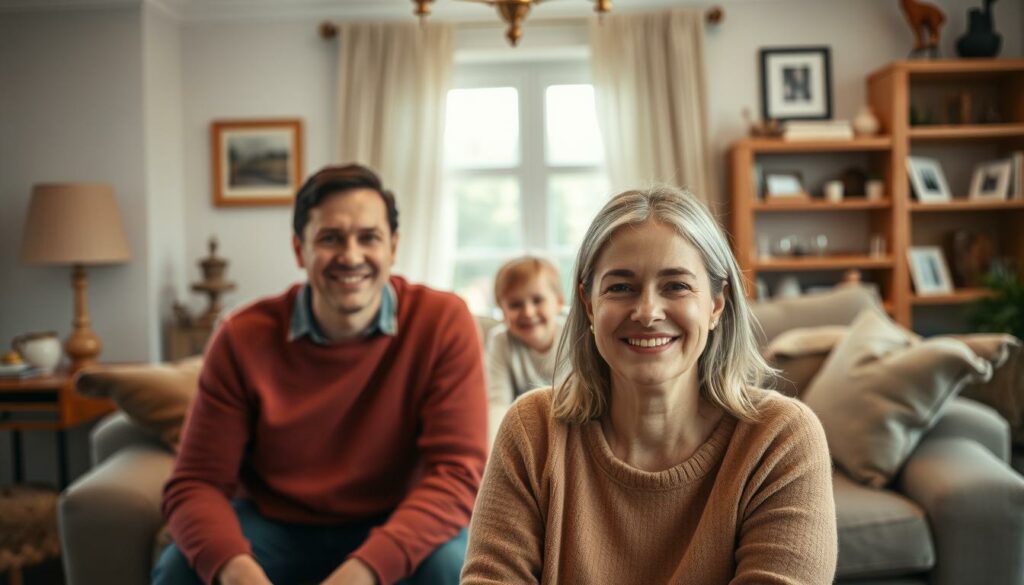 A warm, intimate family portrait of Daniela Büchner, her husband Jens, and their children, set against the backdrop of a cozy, well-appointed living room. Daniela, radiating warmth and confidence, is seated in the foreground, surrounded by her loved ones. Soft, diffused lighting creates a sense of intimacy, while the composition highlights the close-knit dynamics of the Büchner household. In the middle ground, Jens and the children are engaged in a playful moment, underscoring the family's strong bonds. The background features tasteful decor and personal mementos, conveying a sense of domestic bliss and Daniela's successful balancing of her family life and burgeoning career.