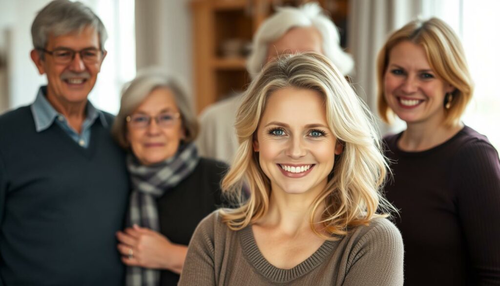 A warm, intimate family portrait of Daniela Katzenberger surrounded by her close-knit clan. In the foreground, Daniela stands confidently, her signature blonde hair and vibrant smile radiating joy. Behind her, her parents Iris and Peter, and her sister Jenny, gathered in a loving embrace, their expressions conveying a sense of togetherness and support. The scene is bathed in soft, natural lighting, creating a cozy, inviting atmosphere. The background is slightly blurred, placing the focus squarely on the family, their bond palpable. The overall composition evokes a sense of familial warmth and unity, perfectly capturing the essence of "Daniela Katzenberger und ihre Familie".