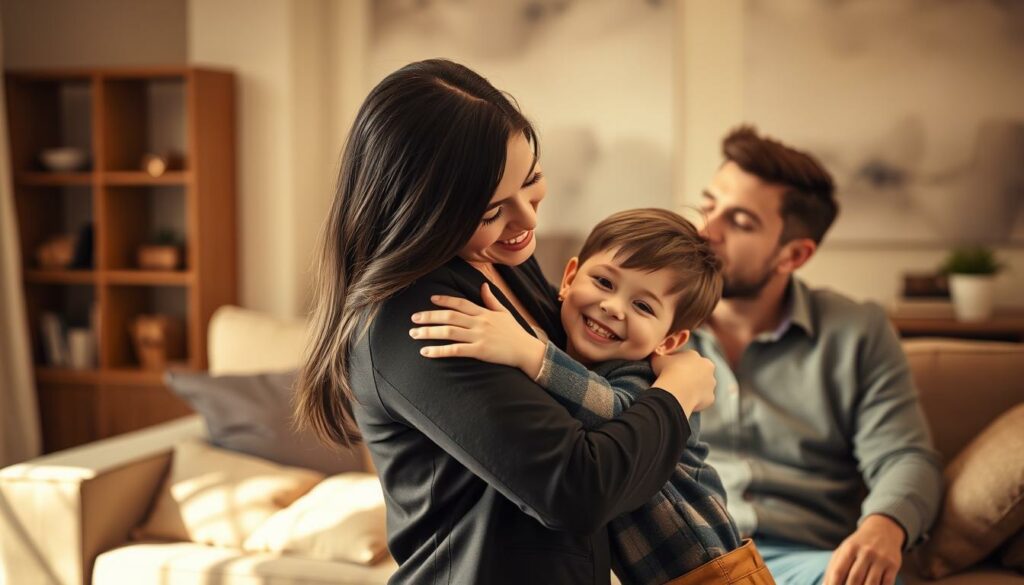 A warm, intimate family scene in a cozy living room. In the foreground, a stylishly dressed woman with long, dark hair embraces a young, smiling boy, their bond radiating joy and affection. Behind them, a handsome, well-groomed man sits on a plush sofa, gazing lovingly at the pair. Soft, diffused lighting casts a golden glow, creating a sense of tranquility and domesticity. The background features tasteful, modern decor, hinting at a comfortable, affluent lifestyle. The overall atmosphere conveys a harmonious, close-knit family dynamic, capturing the essence of "Privatleben: Liebe und Familie".