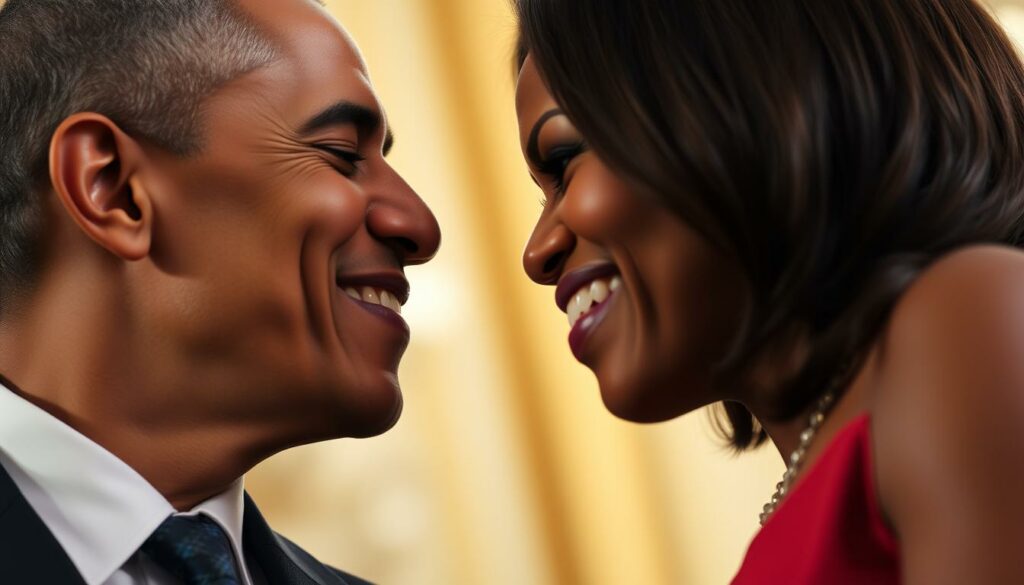 A warm, intimate portrait of Barack and Michelle Obama sharing a tender moment together, gazing into each other's eyes with affection. The lighting is soft and flattering, casting a gentle glow on their faces. The background is blurred, keeping the focus on the couple's connection. Their expressions convey a sense of deep understanding and unshakable bond, hinting at the private, unguarded side of their decades-long marriage. The angle is slightly elevated, creating a sense of intimacy and access, as if the viewer is privy to a private, behind-the-scenes glimpse of the First Couple's relationship.