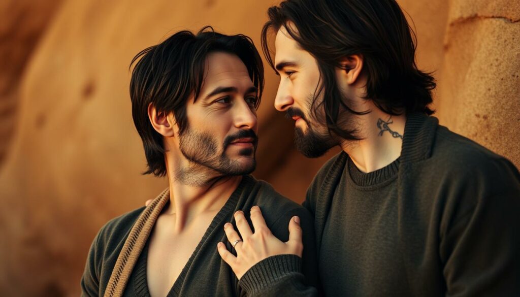 A warm, intimate portrait of Keanu Reeves and Alexandra Grant, set against a softly blurred background. Reeves and Grant stand side by side, gazing into each other's eyes with a palpable connection. Reeves' expression is serene, his face lit by gentle, naturalistic lighting that accentuates his chiseled features. Grant's hand rests tenderly on Reeves' arm, their body language conveying a sense of deep understanding and affection. The scene is rendered in a muted, earthy color palette that evokes a sense of tranquility and authenticity, capturing the private, off-the-red-carpet essence of their relationship.