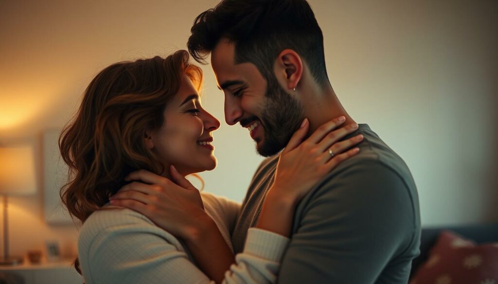 A warm, intimate scene of Anne Wünsche and her partner Karim embracing tenderly, their foreheads touching as they gaze into each other's eyes with profound affection. Soft, golden lighting illuminates their faces, casting a romantic glow. The background is a cozy, domestic setting - perhaps their living room or bedroom - with muted colors and minimal details to keep the focus on the couple's tender connection. The composition is tightly framed, emphasizing the couple's emotional intimacy. The mood is one of profound, heartfelt love and vulnerability.