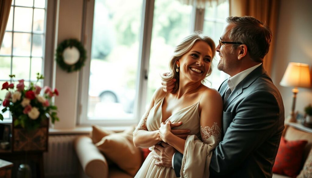 A warm, intimate scene of Heinz Hoenig and his wife Annika celebrating their 7th wedding anniversary. The couple is embracing in a cozy, softly lit living room, with a large window overlooking a picturesque garden in the background. Annika is wearing a flowing, elegant dress, her face radiating joy and contentment. Heinz, in a crisp suit, is gazing adoringly at his wife, his expression one of deep love and affection. The lighting is soft and romantic, casting a gentle glow on the couple. The overall mood is one of romance, celebration, and marital bliss.