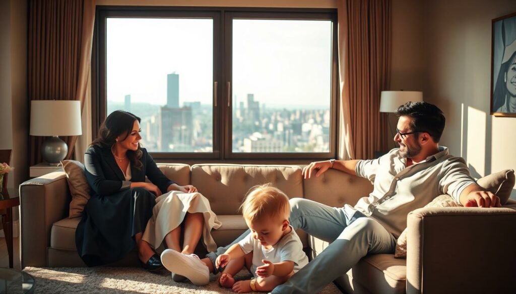A warm, intimate scene of two famous co-parents enjoying a relaxed afternoon together. In the foreground, a well-dressed celebrity mother and father sit on a plush sofa, sharing a warm conversation and a loving glance as they attend to their young child playing happily at their feet. The middle ground features tasteful, modern decor and floor-to-ceiling windows letting in soft, natural light. In the background, a picturesque cityscape can be seen through the windows, suggesting an upscale urban setting. The overall mood is one of contentment, cooperation, and the priority of family, even after a high-profile separation.