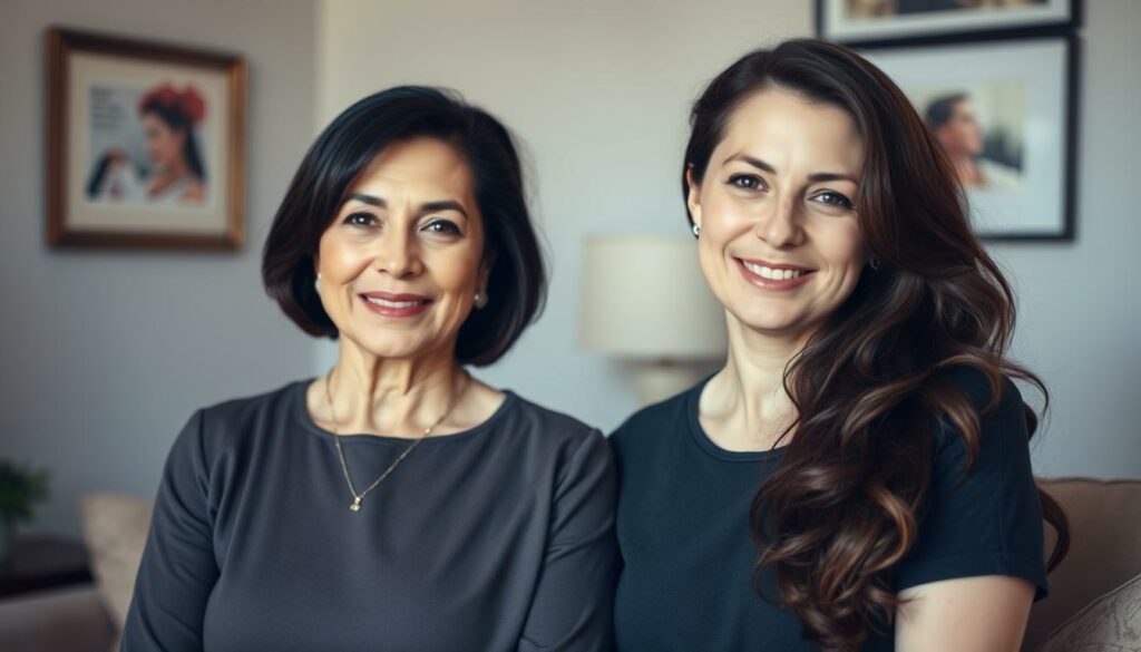 A warm, inviting family portrait of Verona Pooth and Louisa, the girlfriend of Verona's son Diego. Verona, an elegant and poised woman, stands next to Louisa, a younger, friendly-looking woman. They are situated in a cozy, well-lit indoor setting, perhaps a living room or sitting area, with a neutral, tasteful background that allows the focus to remain on the two women. Their body language and facial expressions convey a sense of harmony and mutual understanding, hinting at a close, supportive relationship. The lighting is soft and natural, creating a soothing, intimate atmosphere that emphasizes the family dynamic. The overall impression is one of a harmonious, positive interaction between the two.