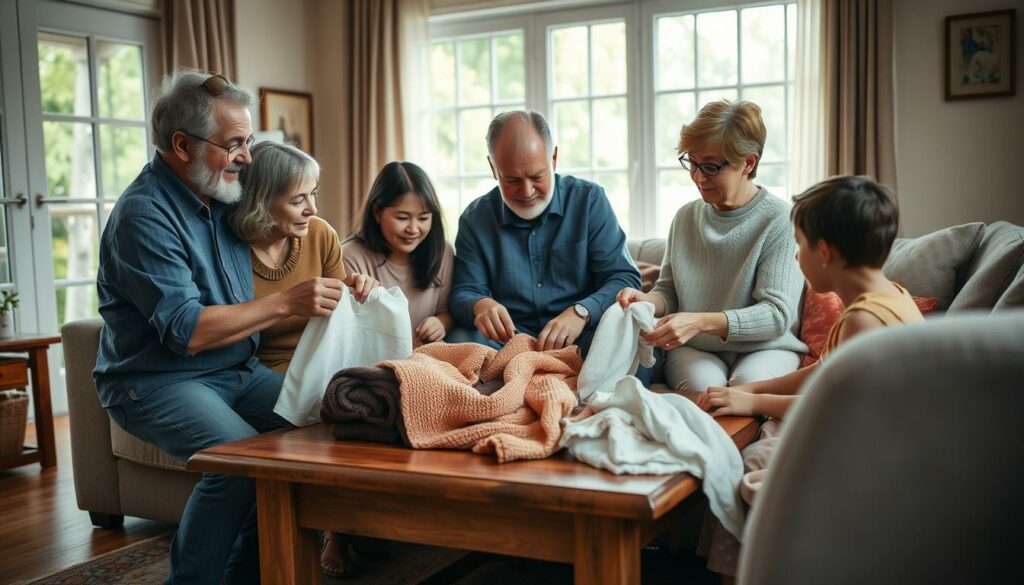 A warm, inviting scene of a patchwork family engaged in everyday rituals. The living room is bathed in soft, natural light filtering through large windows. On a wooden coffee table, a family gathers around a simple yet meaningful activity - perhaps folding laundry together or preparing a shared meal. Older and younger members interact with care and attentiveness, their faces reflecting the comfort and connection of their familial bond. The atmosphere is serene, conveying a sense of harmony and the importance of these mundane moments that strengthen family ties. The composition emphasizes the intimacy of the scene, drawing the viewer in to witness these everyday rituals that foster understanding and unity within the patchwork dynamic.