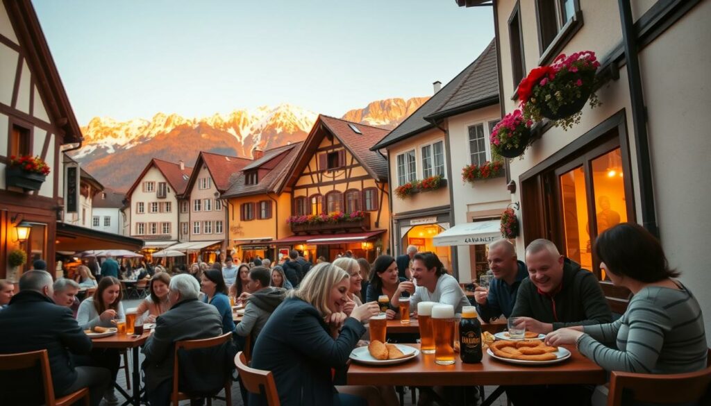A warm, inviting scene showcasing the heart of Austrian tourism. In the foreground, a cozy tavern with a traditional wooden facade, its windows glowing with a welcoming amber light. Plates of steaming Wiener schnitzel and foaming beers adorn the tables, surrounded by lively locals and tourists sharing laughter and conversation. The mid-ground features a quaint town square, lined with charming cafes and shops, their facades adorned with colorful window boxes and hanging flower baskets. In the background, the majestic Austrian Alps rise up, their snow-capped peaks bathed in the golden glow of the setting sun. A sense of hospitality, tradition, and natural beauty permeates the scene, inviting the viewer to experience the warmth and heart of Austria.