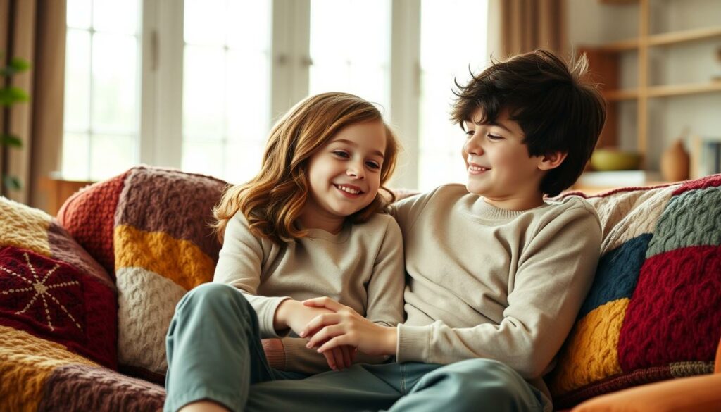 A warm, natural scene of Patchwork-Familie Daisy Dove and Flynn playing together in a cozy living room. Soft, diffused lighting from a large window illuminates their relaxed, affectionate expressions as they sit on a plush, colorful patchwork sofa. Daisy Dove's wavy, auburn hair frames her gentle smile, while Flynn, with his tousled dark locks, leans against her, content. The room's earthy tones and tactile textiles create an intimate, familial atmosphere, hinting at the love and comfort shared within this blended household.