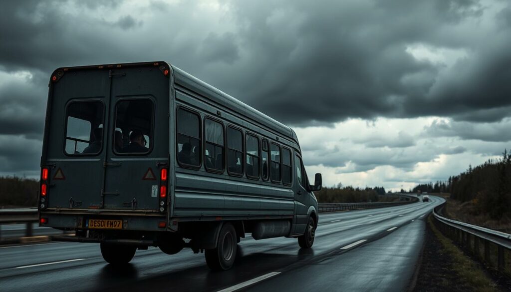 A weathered prison transport van drives down a rain-slicked highway, its tinted windows concealing the faces of its captive passengers. The dimly lit interior casts an ominous atmosphere, the monotonous hum of the engine underscoring the somber journey. Towering gray clouds loom overhead, casting long shadows over the winding road. The van's rugged frame and sturdy tires suggest the arduous passage from one correctional facility to another, a relentless convoy transporting the incarcerated across the expansive German landscape.