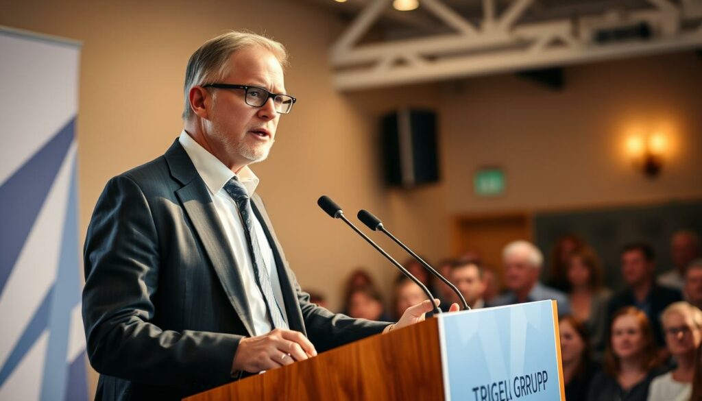 A well-dressed Wolfgang Grupp, the CEO of Trigema, stands confidently at a podium, delivering a public address to a captivated audience. The scene is bathed in warm, natural lighting, highlighting Grupp's charismatic presence. The camera angle is slightly elevated, emphasizing his authoritative stance. In the background, the audience is visible, their faces expressing rapt attention. The overall atmosphere conveys a sense of public interest and respect for Grupp's leadership, befitting the title "Öffentliches Interesse an Wolfgang Grupp".
