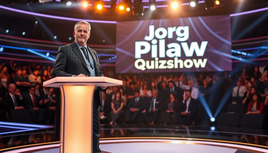 A well-lit TV studio set with a sleek, modern design. In the foreground, Jörg Pilawa, the renowned German television presenter, stands confidently behind a large, illuminated quiz show podium. He is dressed smartly in a tailored suit, exuding an aura of professionalism and charisma. The middle ground features a dynamic audience, their faces lit by the warm glow of the studio lights, engaged and eager to participate. In the background, a large, high-definition display shows the iconic "Jörg Pilawa Quizshow" logo, complemented by sophisticated graphics and visual effects. The overall scene conveys a sense of excitement, intellectual challenge, and Pilawa's successful television career.