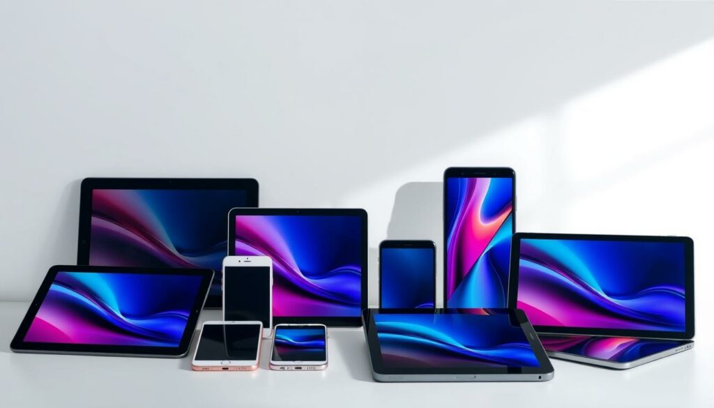 A well-lit, high-resolution photograph of an assortment of sleek, modern tablets and smartphones set against a clean, minimalist background. The devices are arranged in an inviting, visually appealing layout, showcasing their premium designs and vibrant, high-quality displays. Soft, directional lighting accentuates the smooth lines and lustrous finishes of the electronics, creating a sense of depth and dimension. The overall mood is one of sophistication and technological innovation, perfectly capturing the essence of the "Tablets & Smartphones reduziert" section.
