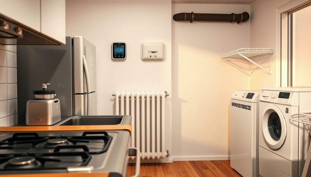A well-lit interior scene of a modern apartment, showcasing the various household utilities and appliances covered under the "Nebenkosten" (additional costs) component of the Bürgergeld social welfare program. Prominent in the foreground, a gas stove, kitchen sink, and refrigerator represent the essential utilities, while in the middle ground, a wall-mounted thermostat and radiator illustrate the heating system. The background features an energy-efficient washing machine and a drying rack, emphasizing the comprehensive coverage of the Bürgergeld program. The overall composition conveys a sense of functionality and practicality, reflecting the practical support provided to Bürgergeld recipients in managing their household expenses.