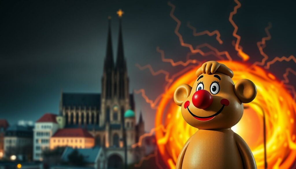 A whimsical, iconic character against a bold, symbolic backdrop. In the foreground, the beloved, cheerful Maus figure stands tall, its distinctive design and friendly demeanor radiating warmth and familiarity. The middle ground features a vibrant, stylized cityscape of Cologne, with the landmark Kölner Dom standing as a guardian in the distance. In the background, a swirling, fiery energy crackles, hinting at the shocking attack that has shaken the community. Dramatic lighting casts dramatic shadows, conveying the gravity of the situation while maintaining the Maus' enduring, beloved presence. This image captures the Maus as a cherished cultural icon, its symbolic significance amplified by the unsettling events unfolding around it.