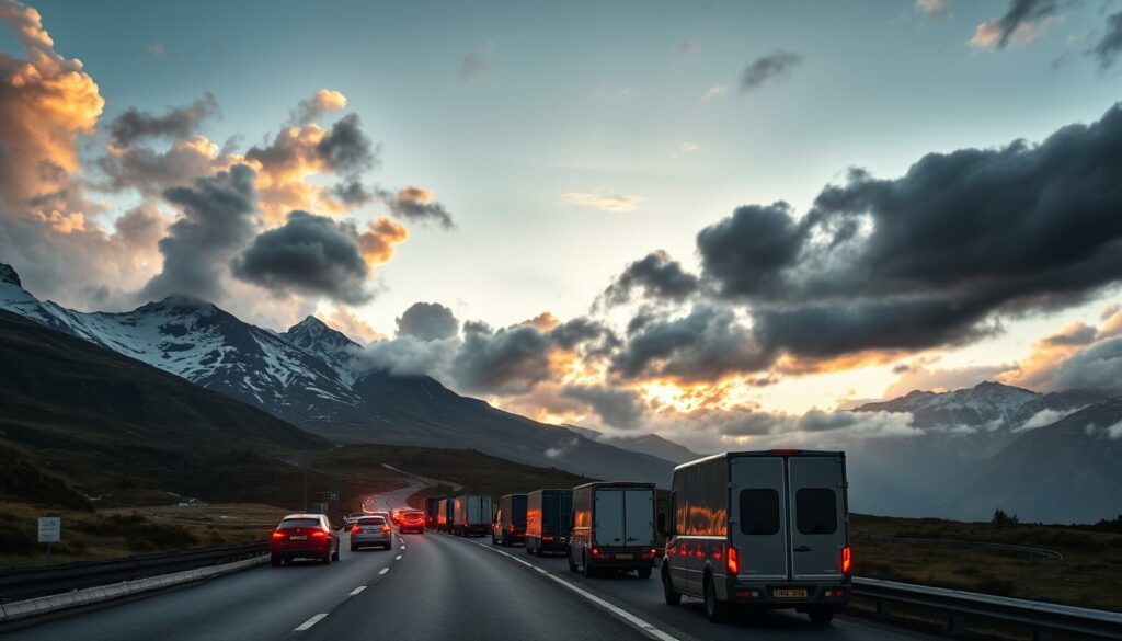 A winding mountain road leading out of Switzerland, flanked by snow-capped peaks and alpine meadows. In the foreground, a line of cars and trucks waiting to cross the border, their taillights glowing in the twilight. Overhead, a dramatic sky with billowing clouds and a glowing sunset, casting warm hues across the scene. The atmosphere is one of anticipation and transition, as travelers prepare to leave the serene beauty of the Swiss landscape behind. The lighting is soft and atmospheric, highlighting the rugged grandeur of the surroundings. The camera angle is slightly elevated, giving a panoramic view of the departure point and the journey ahead.