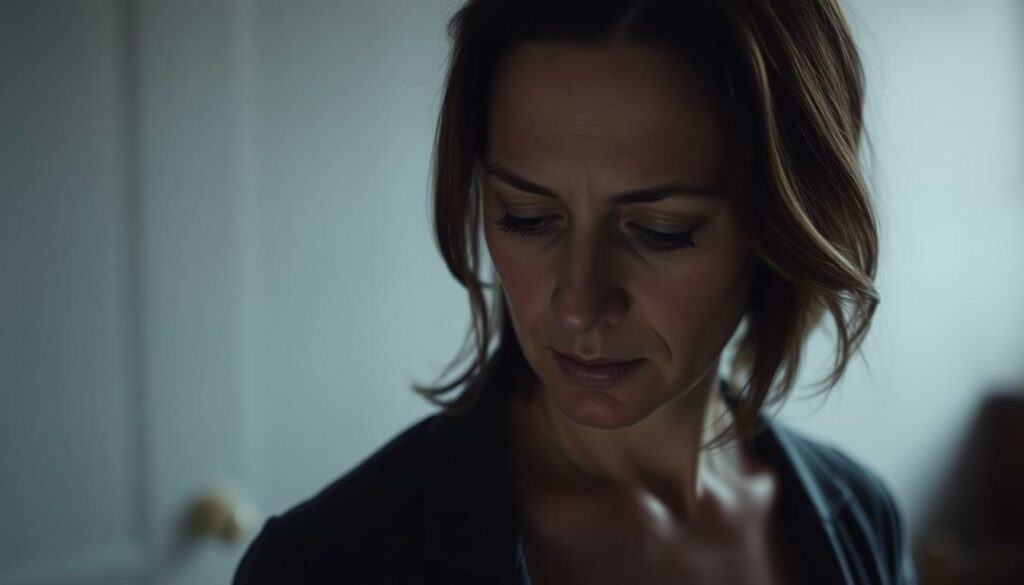 A woman with a pensive expression, her gaze downcast, stands alone in a dimly lit room. Soft lighting casts shadows that accentuate the emotions etched on her face, conveying a sense of melancholy and introspection. The background is blurred, creating a sense of isolation and focus on the woman's inner turmoil. The scene is captured with a cinematic, medium-close-up shot, allowing the viewer to intimately connect with the subject's emotional state. This poignant image reflects the personal challenges and frustrations of a private life disrupted, as the woman grapples with the aftermath of a separation from Mimi Kraus, while navigating the demands of raising four children.