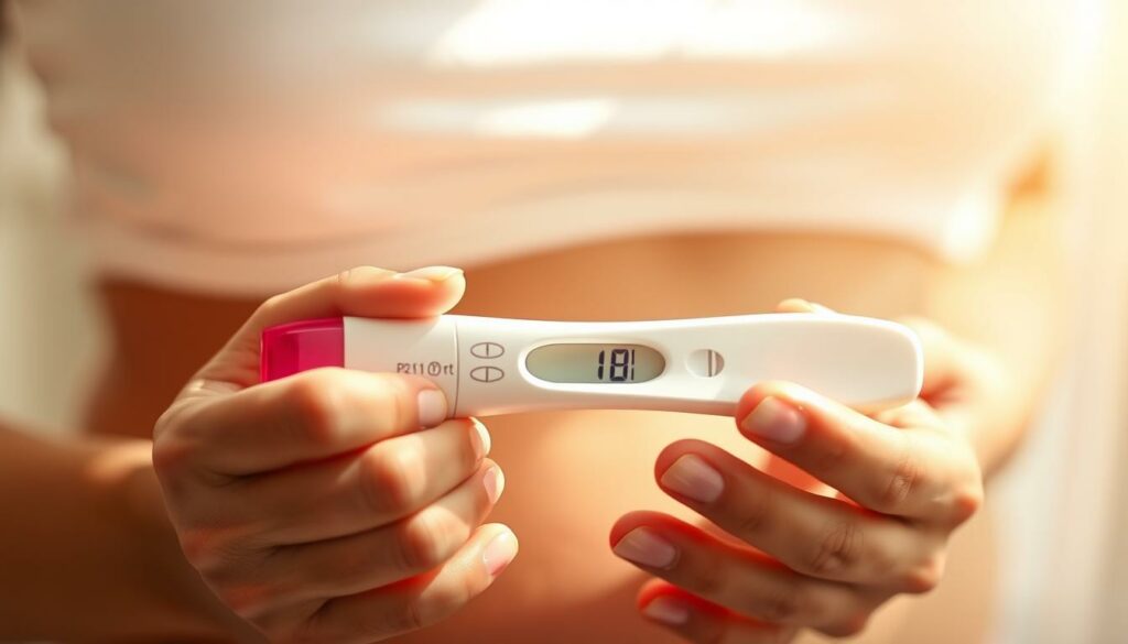 A woman's hands gently holding a positive pregnancy test, the two pink lines signaling the start of a new life. Soft natural lighting casts a warm glow, highlighting the delicate moment of discovery. The background is blurred, keeping the focus on the test and the hands, conveying a sense of intimacy and anticipation. The composition is balanced, with the test positioned centrally, emphasizing its significance. The image evokes the emotional transition from the initial positive result to the first flutters of movement, a journey from the anticipation of pregnancy to the realization of new life.