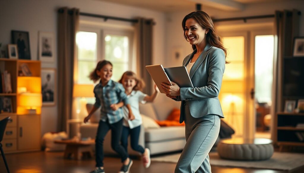 A working mother effortlessly balancing a successful career and the joyful chaos of family life. In the foreground, an elegantly dressed woman strides confidently through a modern office setting, laptop in hand, exuding poise and professionalism. In the middle ground, two children, a boy and a girl, play happily together, their laughter and energy filling the frame. The background showcases a cozy, warmly lit home, with glimpses of family photographs and personal mementos, creating a sense of warmth and balance. Warm, soft lighting illuminates the scene, casting a gentle glow and highlighting the harmony between the woman's dynamic professional life and her cherished role as a mother. An inspiring portrayal of the delicate dance between career and family, captured in a single, evocative image.