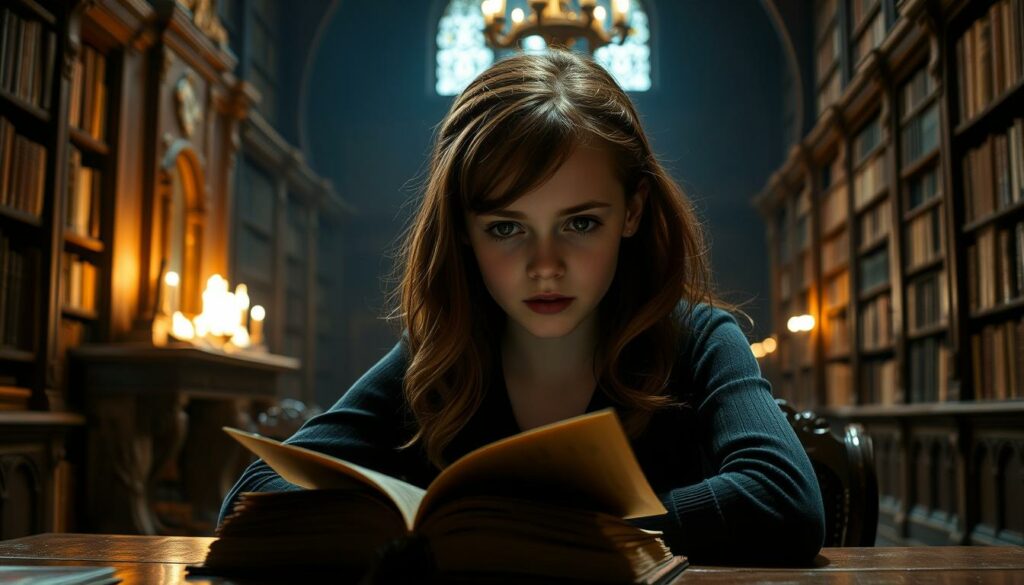 A young Emma Watson, with her iconic brown hair and warm brown eyes, portraying the beloved character of Hermione Granger in the Harry Potter film series. The scene is set in a dimly lit Hogwarts library, with bookshelves lining the walls and a cozy fireplace casting a soft glow. Hermione is sitting at a wooden table, poring over an ancient tome, her face illuminated by the flickering flames. The lighting is dramatic, creating deep shadows and highlights that accentuate her features. The atmosphere is one of scholarly focus and magical wonder, capturing the essence of Hermione's character and the world of Harry Potter.