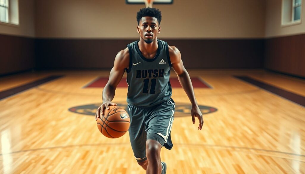 A young, athletic basketball player, Greg Glenn III, stands confidently on a sleek, hardwood court. He dribbles the ball effortlessly, his powerful movements captured in a dynamic, mid-action pose. The lighting is warm and focused, illuminating the player's determined expression and highlighting the contours of his muscular physique. The background is blurred, drawing the viewer's attention solely to the subject, who exudes a sense of raw talent and unbridled potential. The scene conveys a palpable atmosphere of promise and possibility, reflecting the title "Greg Glenn III: A Promising Basketball Career".