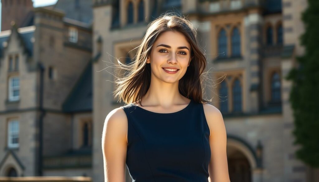 A young, beautiful woman in her mid-20s, Olivia Hunt, dressed in a chic, navy-blue midi dress, stands gracefully in the picturesque town of St. Andrews, Scotland. The sun casts a warm, golden glow on her porcelain skin, accentuating her delicate features and subtle smile. Behind her, the historic university buildings of St. Andrews University loom, their stone facades and turrets creating a timeless, academic backdrop. A light breeze ruffles Olivia's dark, shoulder-length hair, adding a sense of movement and vitality to the scene. The overall impression is one of poise, intelligence, and a touch of romance, capturing the essence of Olivia's connection to this charming university town.