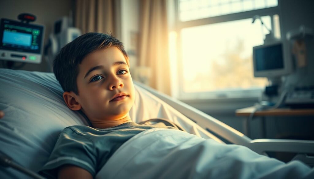 A young boy, Delivio Misiedjan, lies in a hospital bed, his face somber yet resolute, as he battles the ravages of cancer. The room is bathed in a soft, warm light that casts a gentle glow on his features, highlighting his determination to overcome this challenge. In the background, medical equipment and monitors convey the seriousness of his condition, while a window offers a glimpse of the outside world, a reminder of the life he longs to return to. The scene evokes a sense of poignancy and hope, capturing the essence of Delivio's courageous fight against the disease that has threatened to cut his life tragically short.