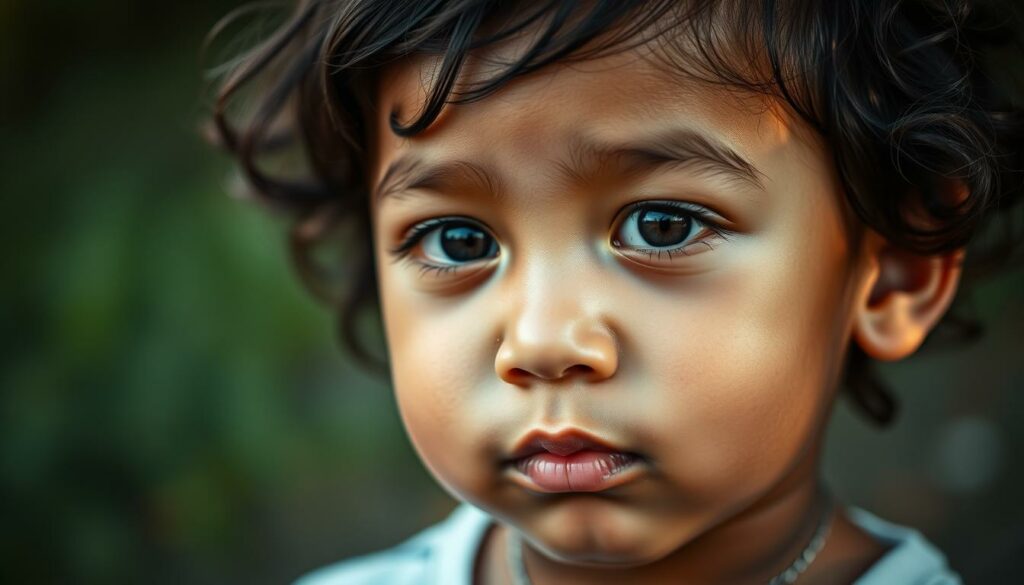 A young child with Prader-Willi syndrome, their gentle expression radiating a quiet strength. Soft lighting illuminates their features, capturing the unique challenges and resilience of their condition. The background is a serene, natural setting, hinting at the joys and difficulties of daily life. The image conveys a sense of empathy, compassion, and the determination to overcome obstacles. Technical details include a medium-close portrait framing, with a shallow depth of field to focus attention on the child's face. The mood is contemplative, inviting the viewer to appreciate the nuances of this complex condition.